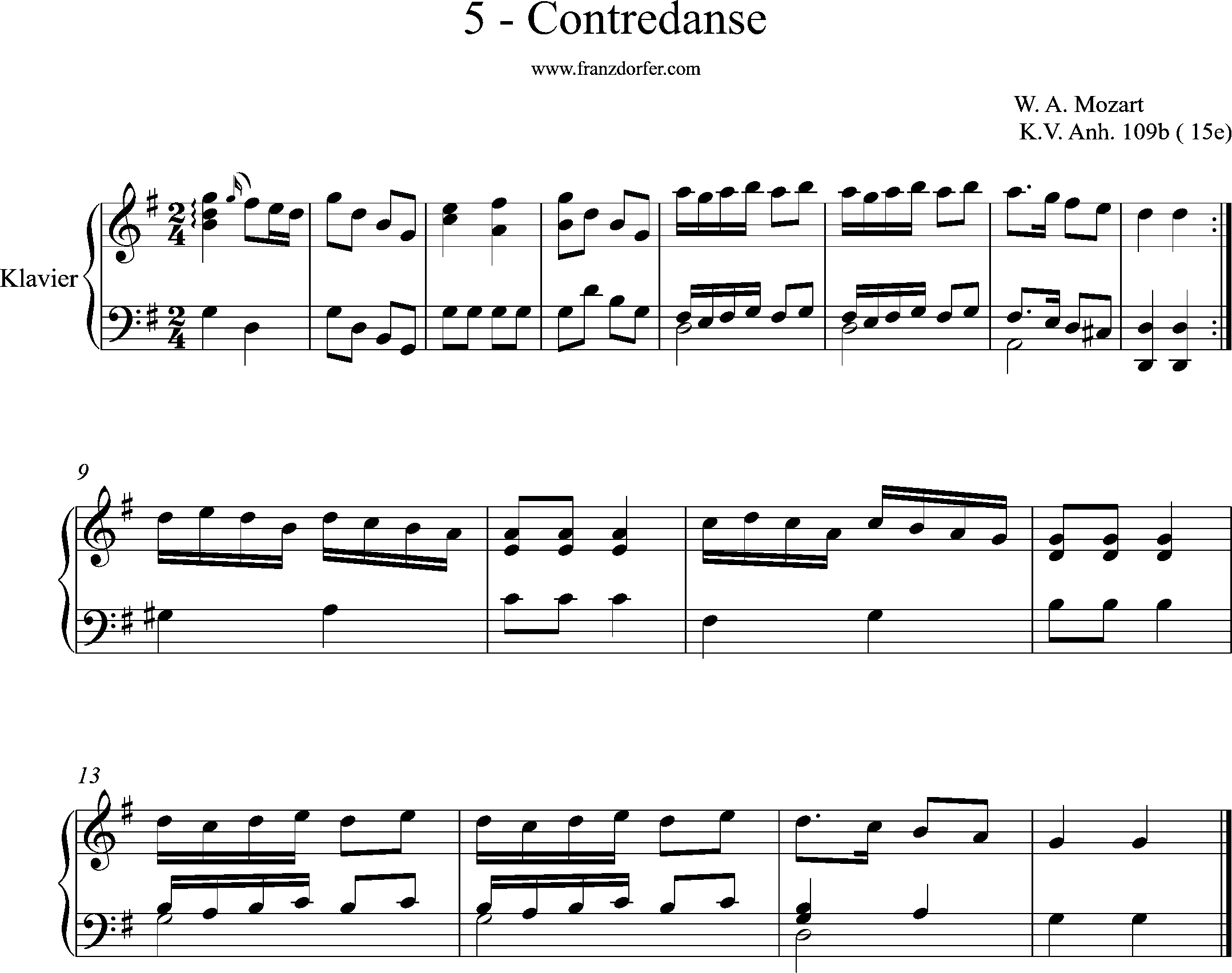 Contrdanse, Klaviernoten, KV 109b, (15e), Mozart
